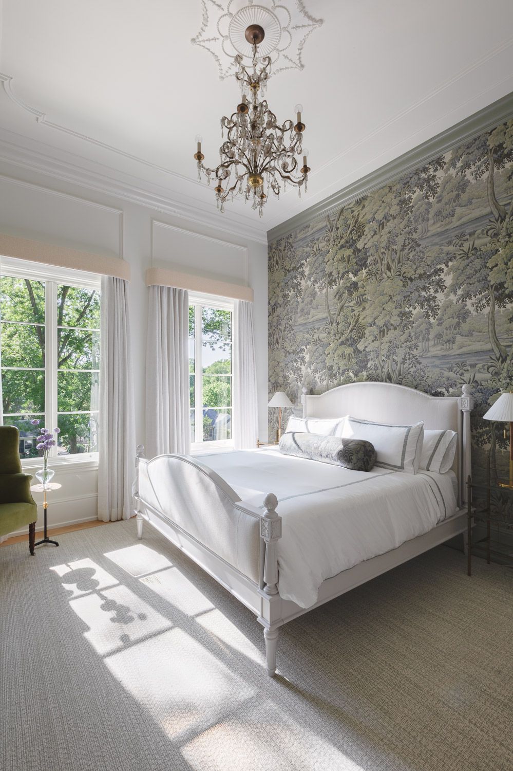 Bedroom feature wall with botanical wallpaper